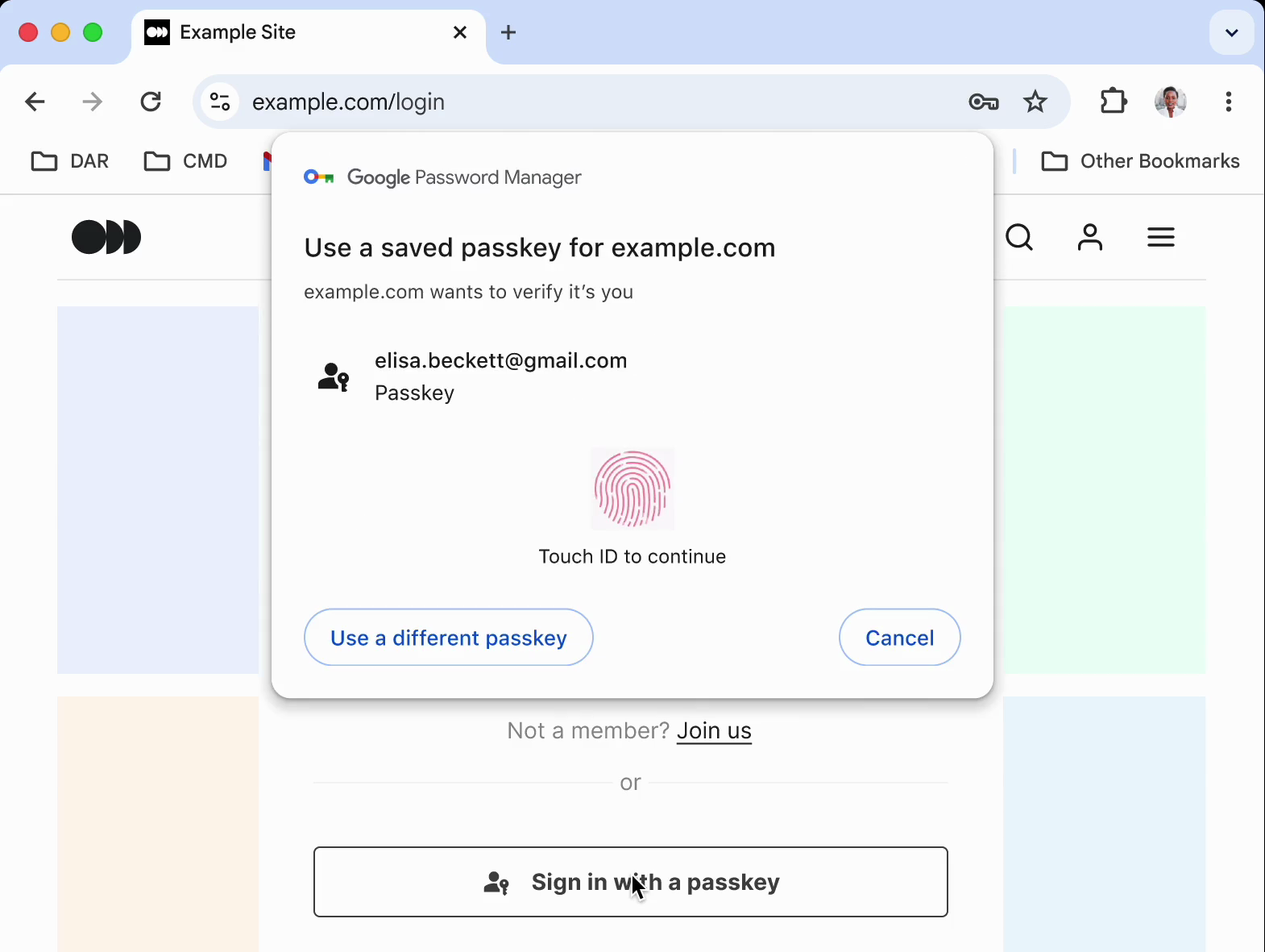 A login interface showing a saved passkey entry with an email, fingerprint icon, and options to sign in or use a different passkey.