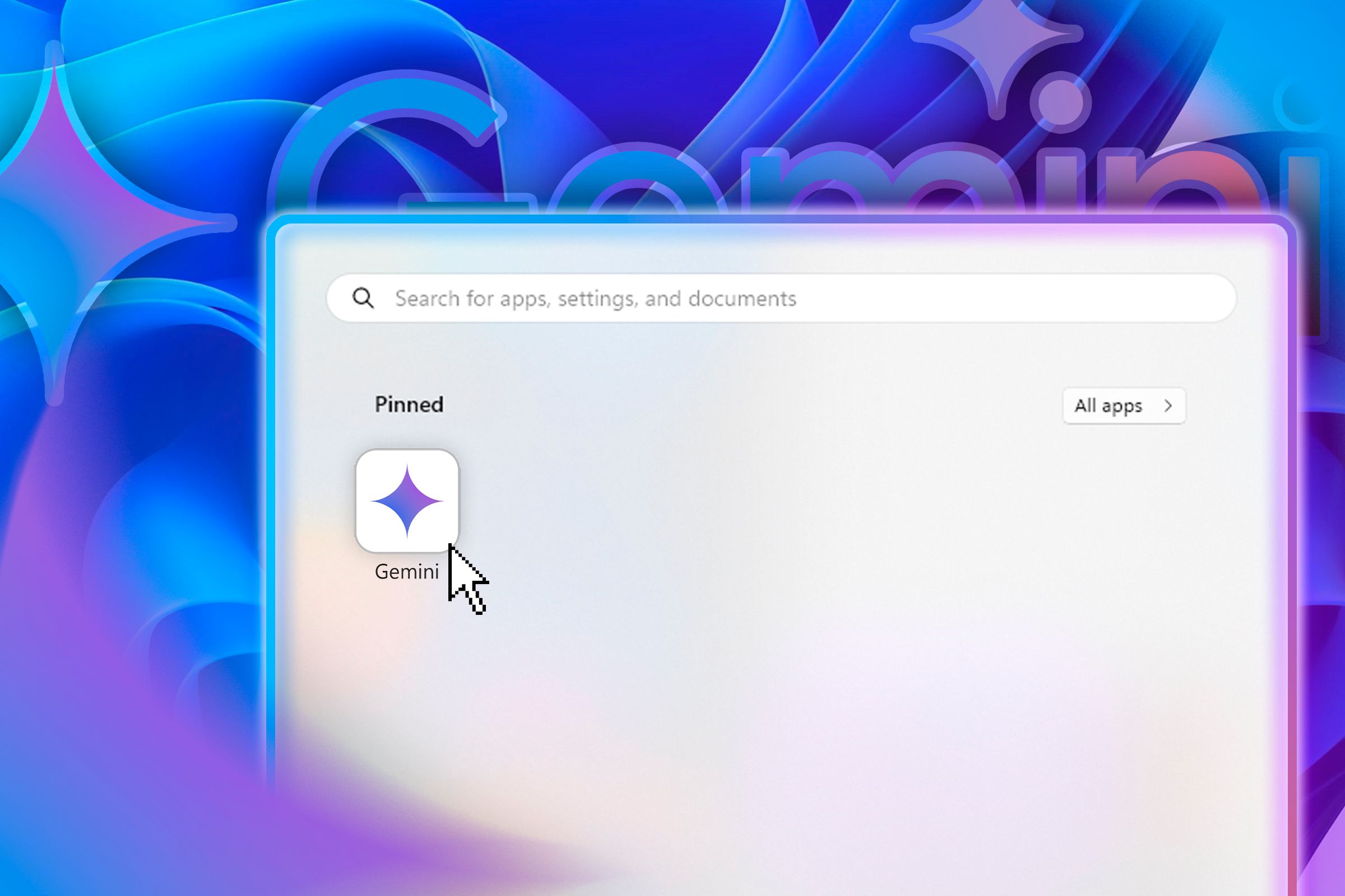 Windows 11 Start menu with the Gemini icon and a cursor on it.