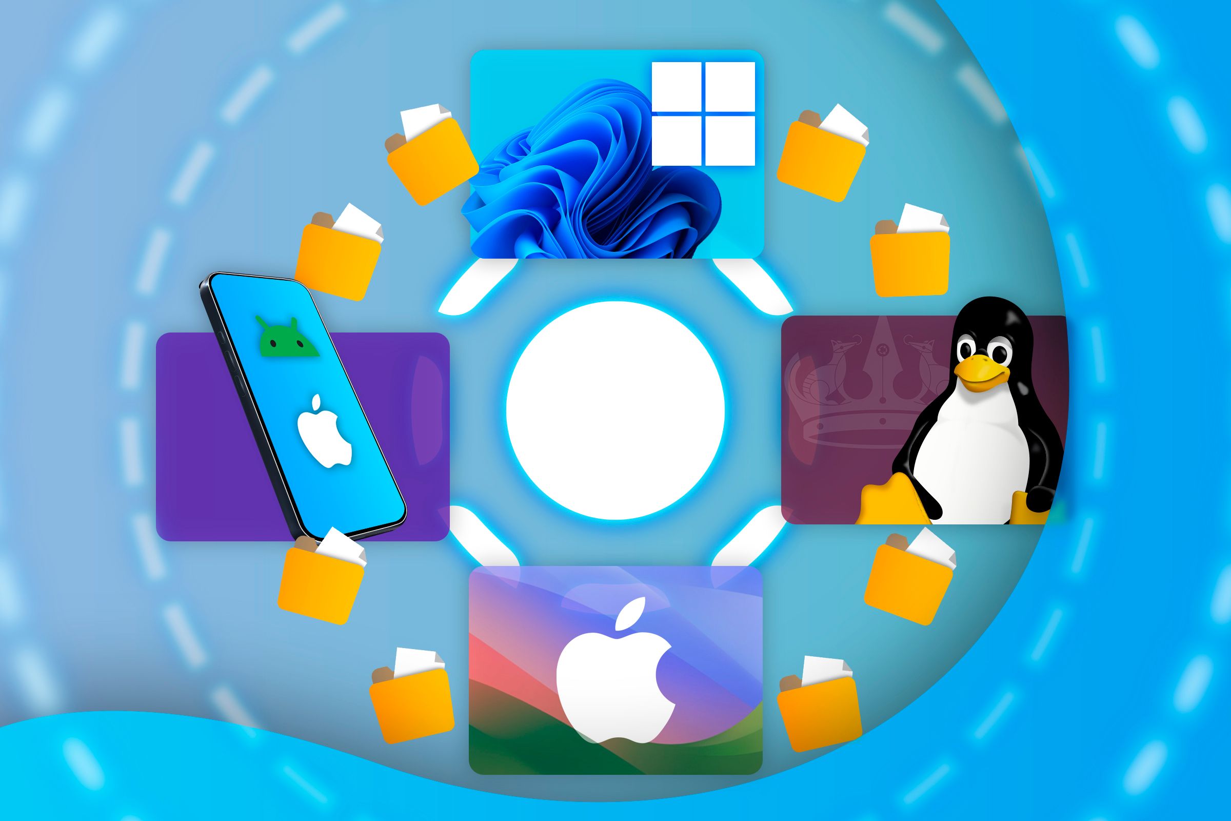 Windows, Linux, Mac logos, and a mobile device with Apple and Android logos, with the LocalSend logo in the center of the screen and files being transferred.