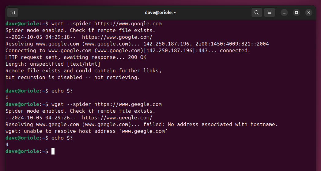 The output from wget when used against a valid and invalid URL.