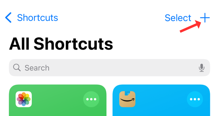 Screenshot of the Shortcuts app with an arrow next to the plus sign.