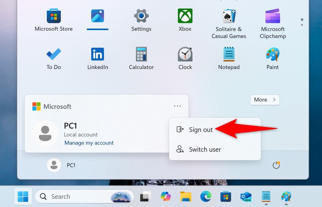 'Sign Out' highlighted in the Power menu in Start Menu.