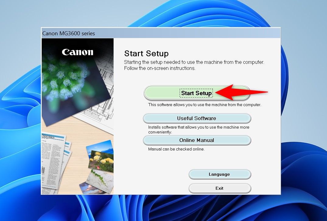 'Start Setup' highlighted in the printer setup wizard.