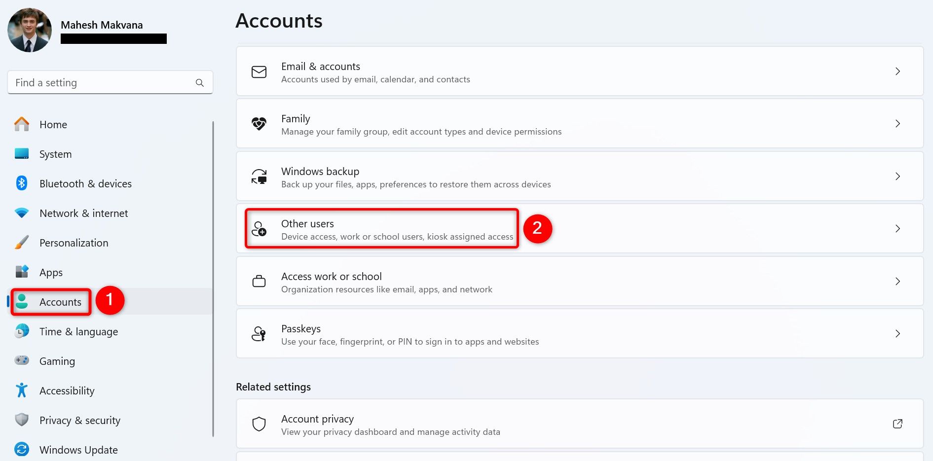 'Accounts' and 'Other Users' highlighted in Settings.