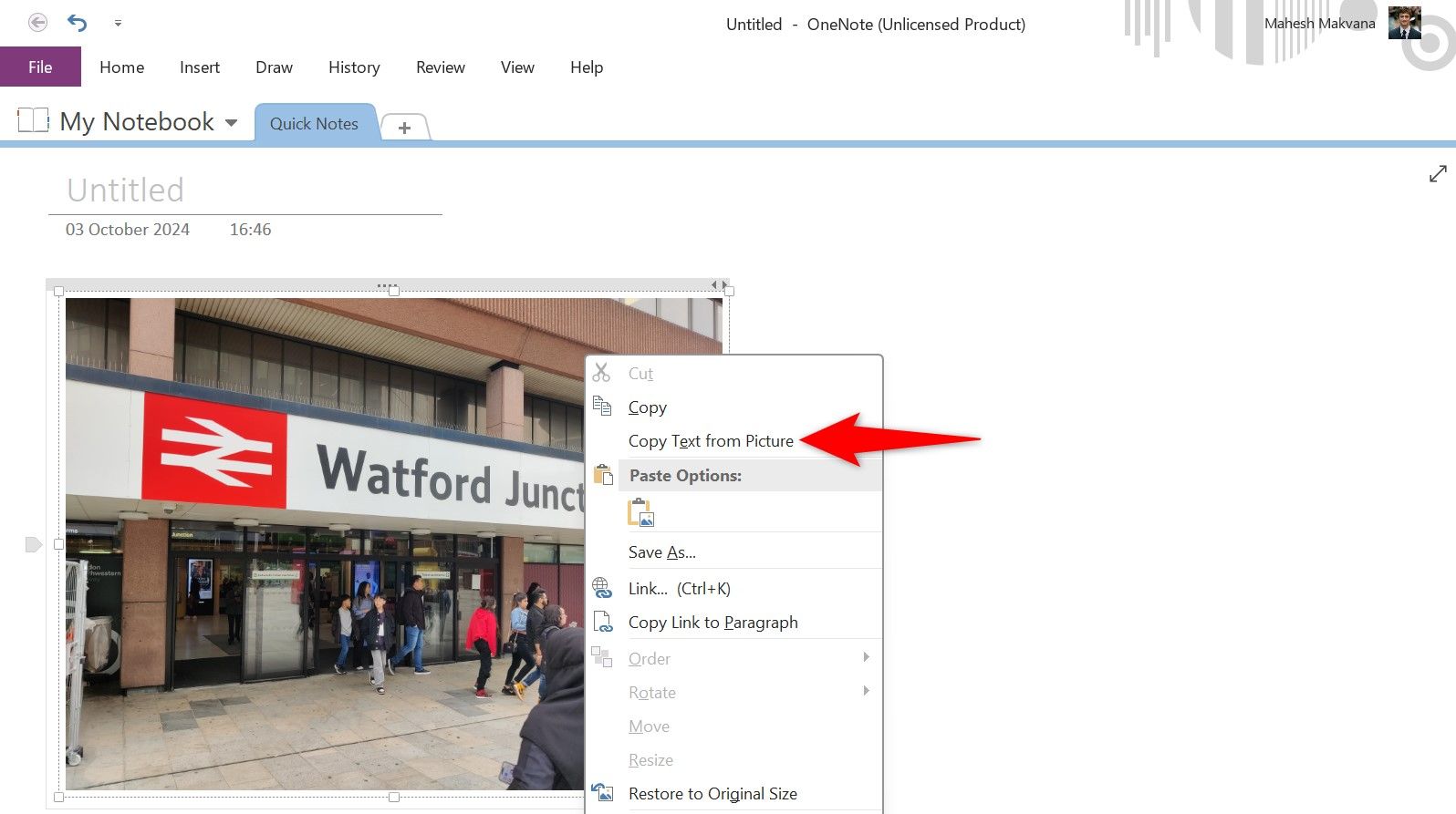 'Copy Text From Picture' highlighted in OneNote.