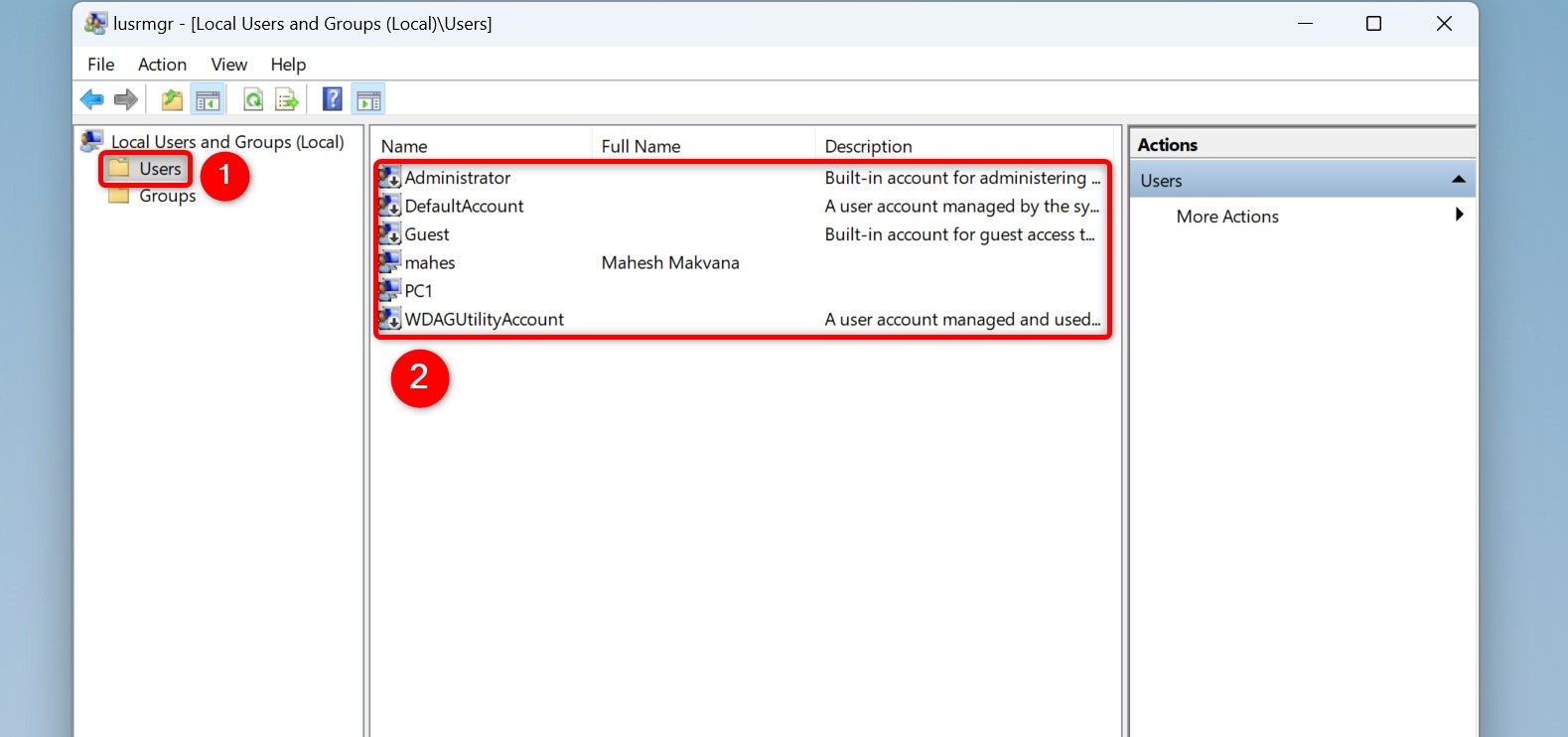 User accounts highlighted in lusrmgr.