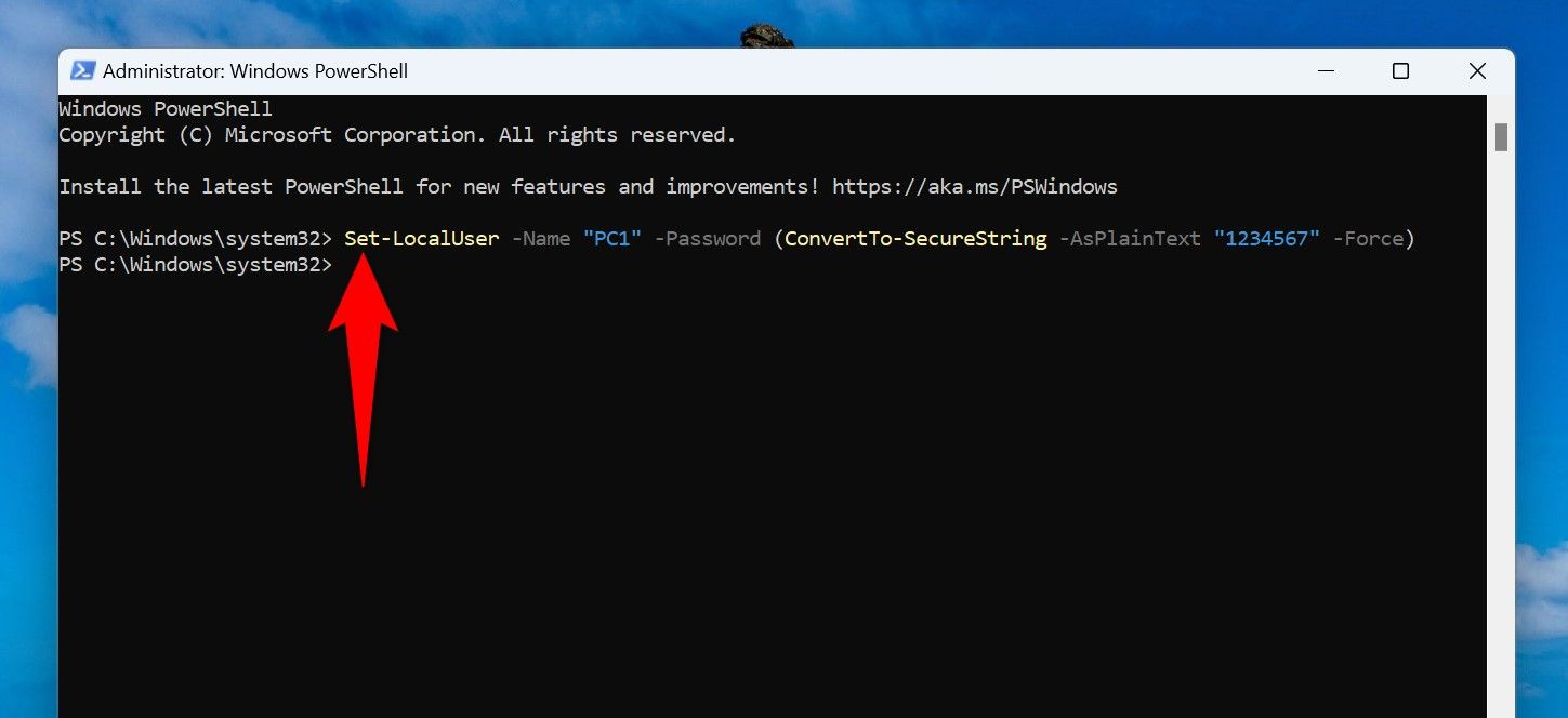 The cmdlet to change the local user account password typed in PowerShell.