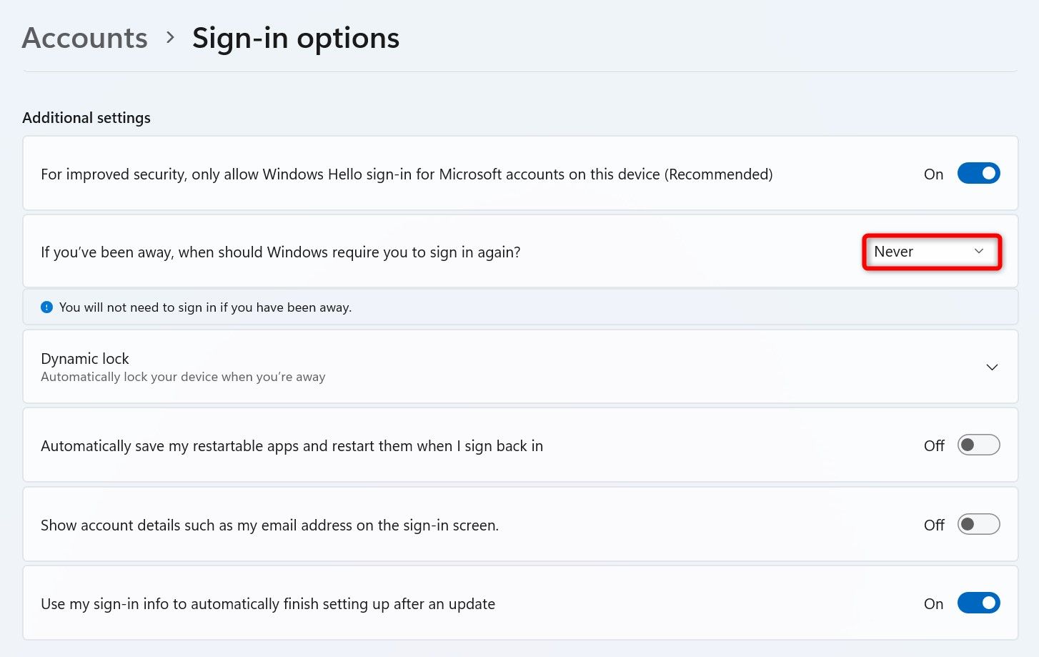 'Never' selected in the 'If You’ve Been Away, When Should Windows Require You to Sign In Again?' drop-down menu.