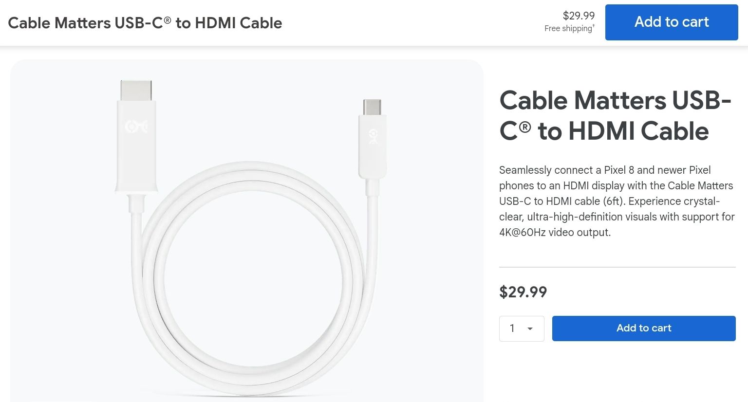 A USB-C to HDMI cable available on the Google Store