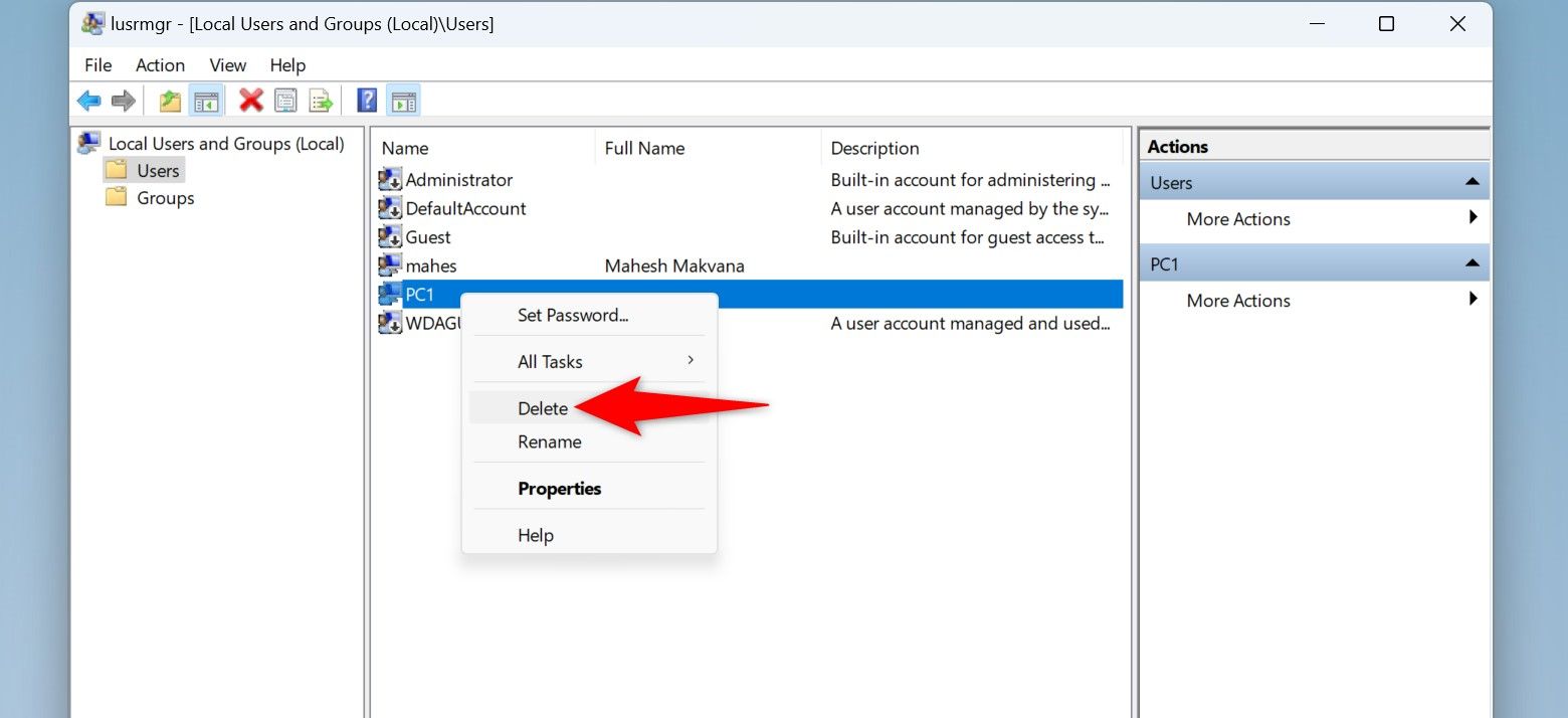 'Delete' highlighted for a user account in lusrmgr.