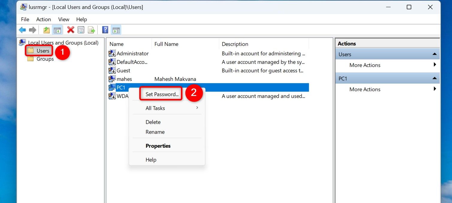 'Users' and 'Set Password' highlighted in lusrmgr.