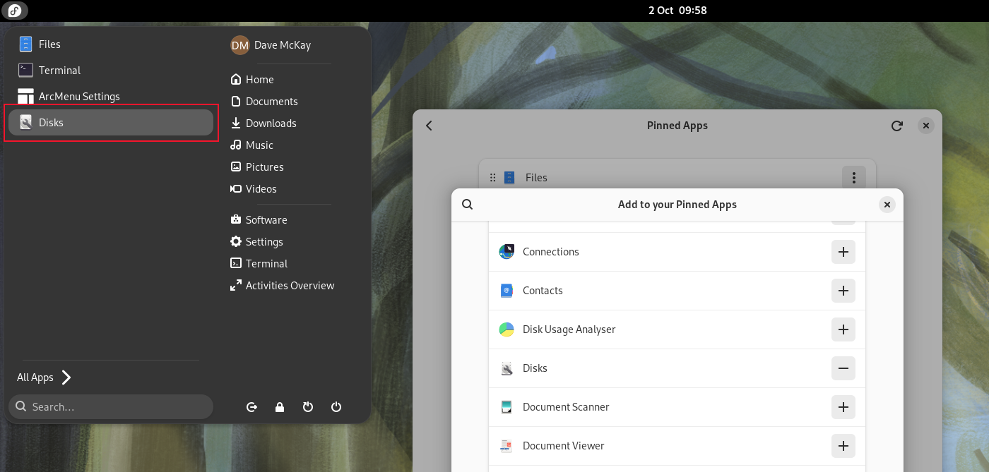 The Disks application added as a shortcut in the ArcMenu.