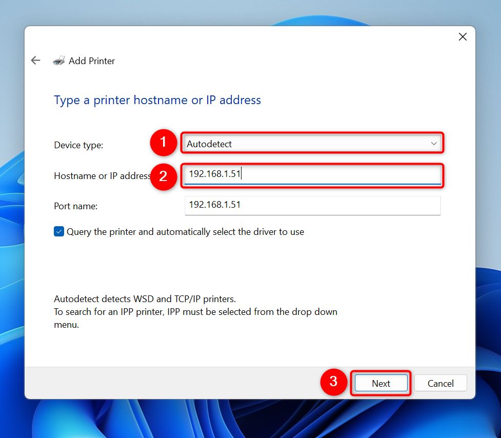 'Device Type,' 'Hostname or IP Address,' and 'Next' highlighted.