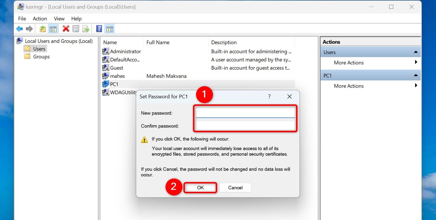 The 'Set Password for' dialog box in lusrmgr.