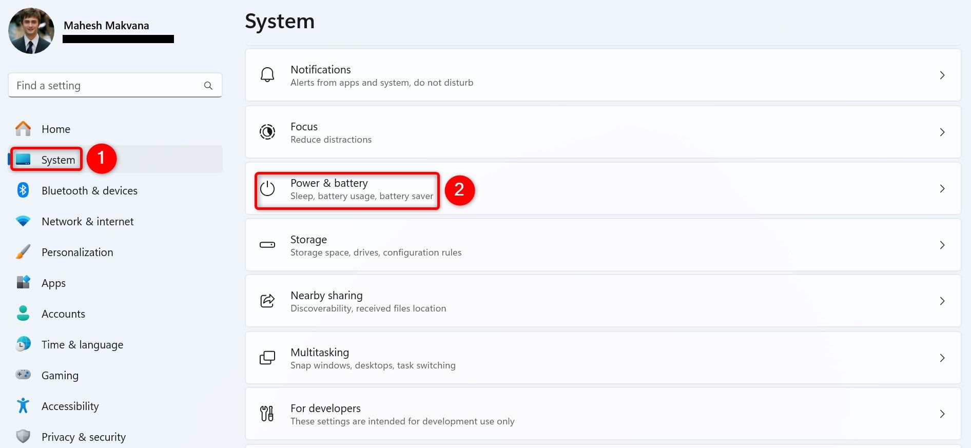 'System' and 'Power & Battery' highlighted in Windows 11 Settings.