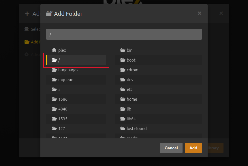 The Add Folder page with the root directory highlighted..