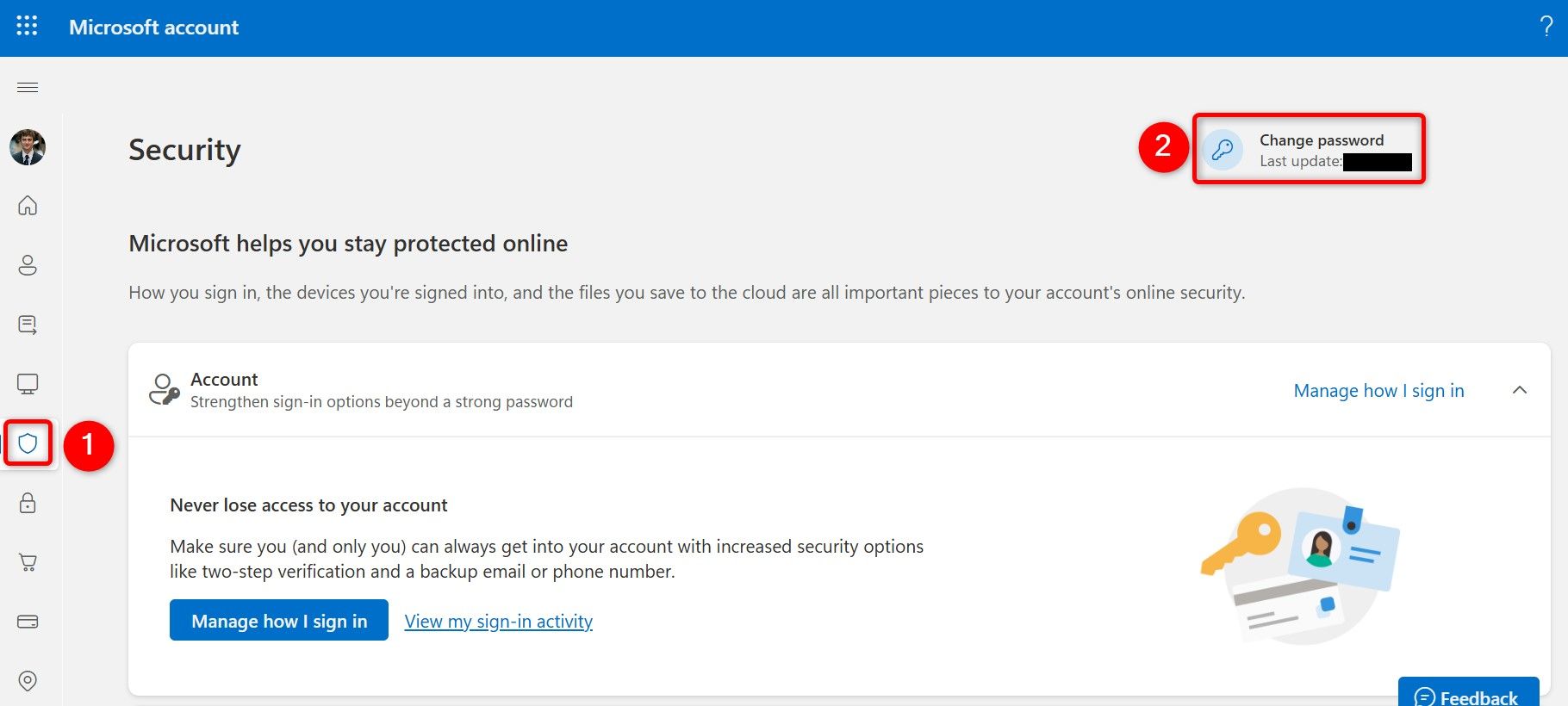 'Change Password' highlighted on the Microsoft account site.