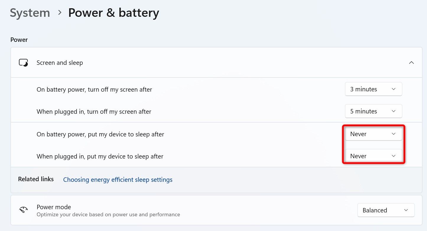 The options to prevent a Windows 11 PC from entering sleep mode highlighted in Settings.