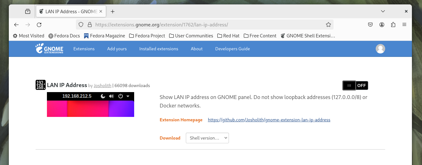 The LAN IP Address page on the GNOME extensions site.