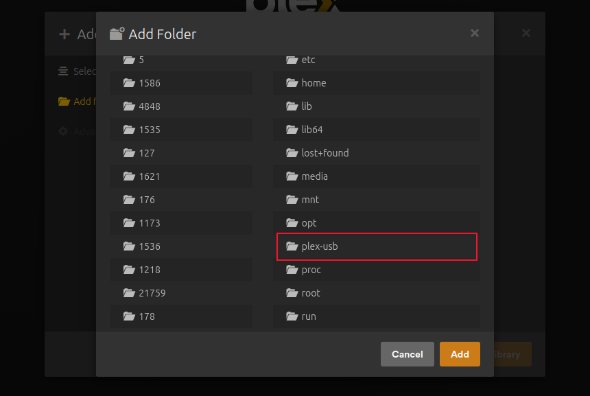 The Add Folder page with the mount point highlighted.