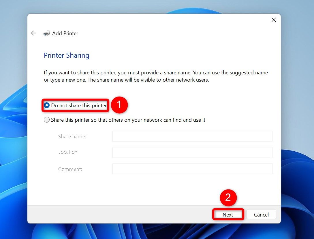 'Do Not Share This Printer' and 'Next' highlighted on the 'Add Printer' window.