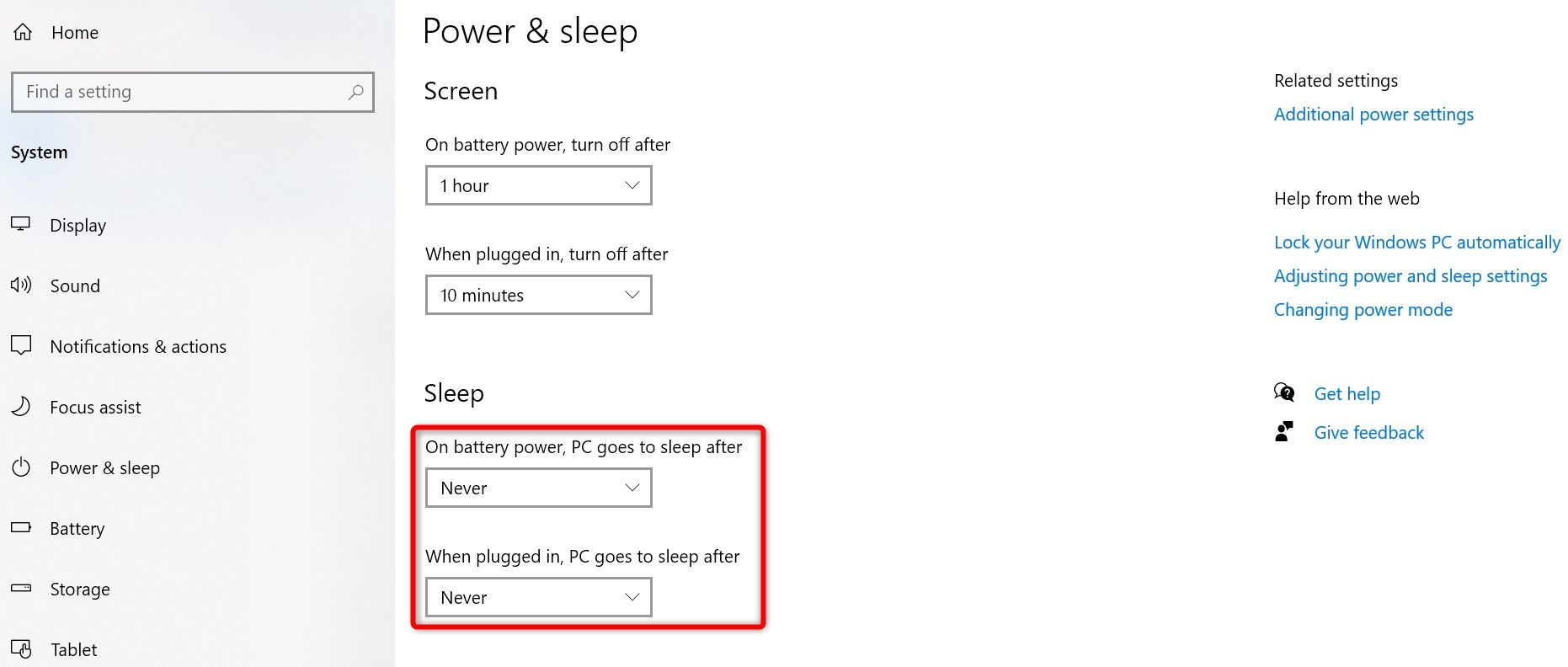 The options to prevent a Windows 10 PC from entering sleep mode highlighted in Settings.