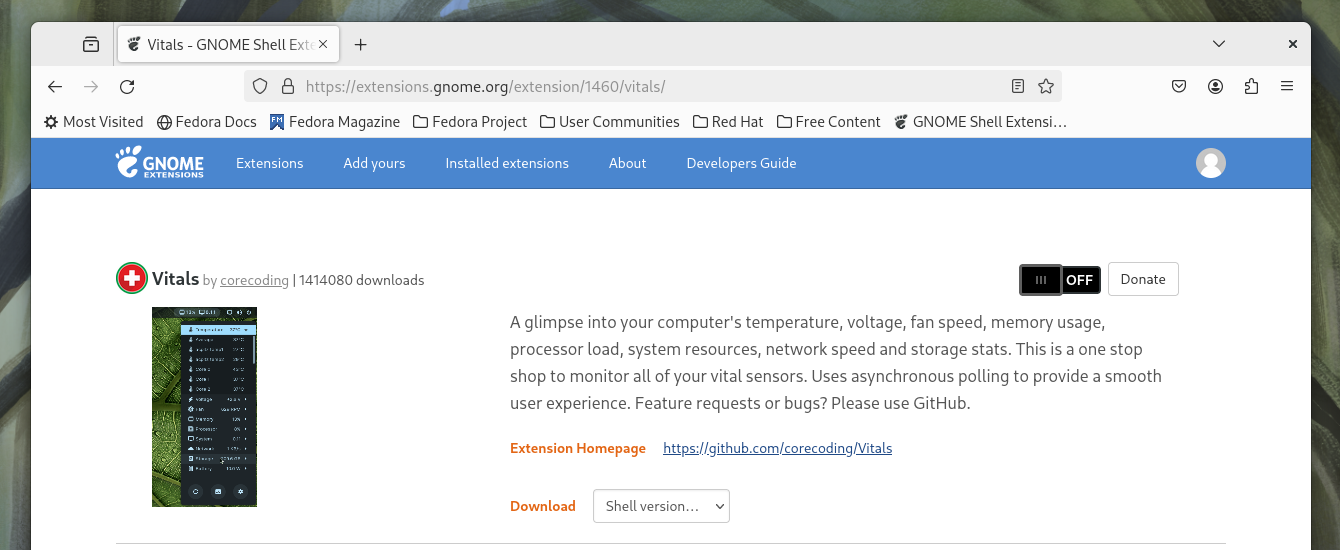 The Vitals extension page on the GNOME extensions website.