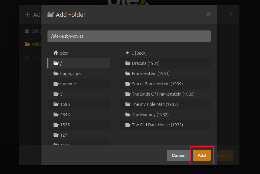 The Add Folder page displaying the contents of the Movies directory.