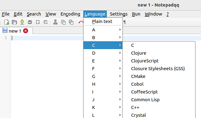 Notepadqq with the Language menu selected, and the C submen expanded