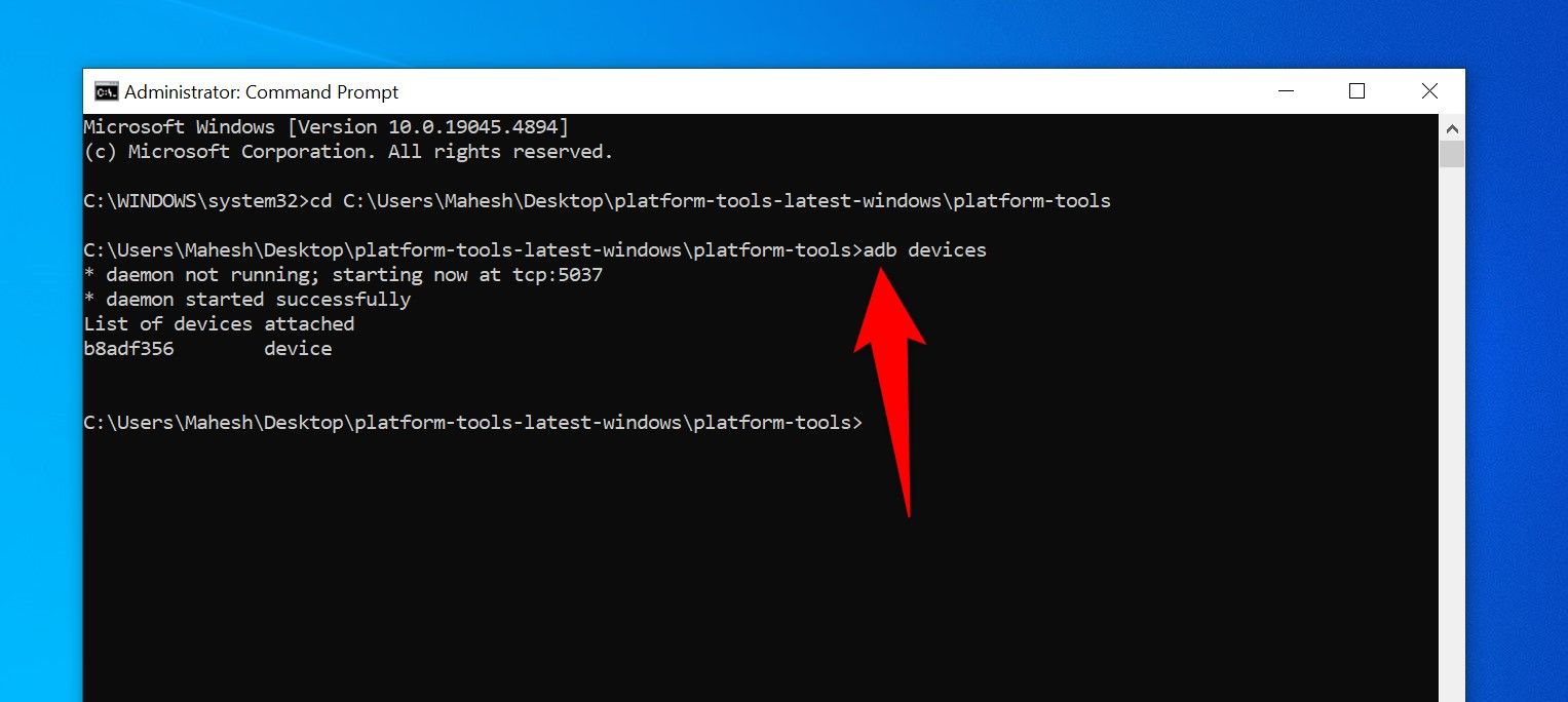 The 'adb devices' command typed in Command Prompt.