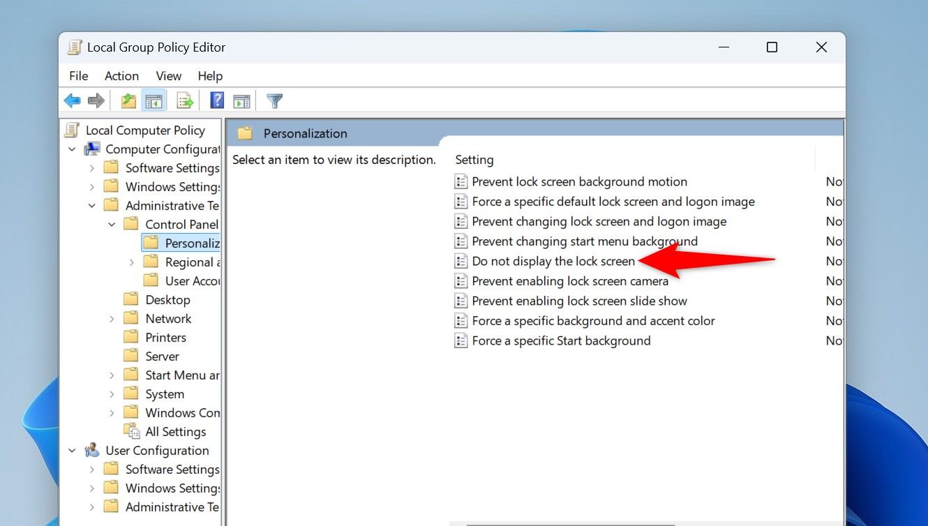 'Do Not Display the Lock Screen' highlighted in Local Group Policy Editor.