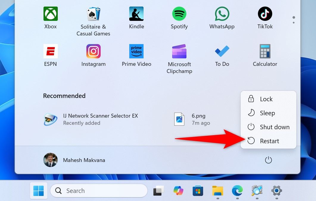 'Restart' highlighted in Windows 11's Power menu.