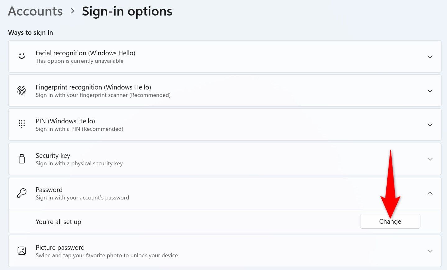 'Change' highlighted for a Microsoft account password in Windows 11 Settings.