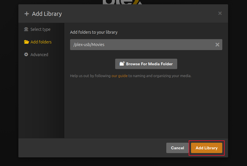 The Add Folders to Yor Librray page with the Add Library button highlighted.