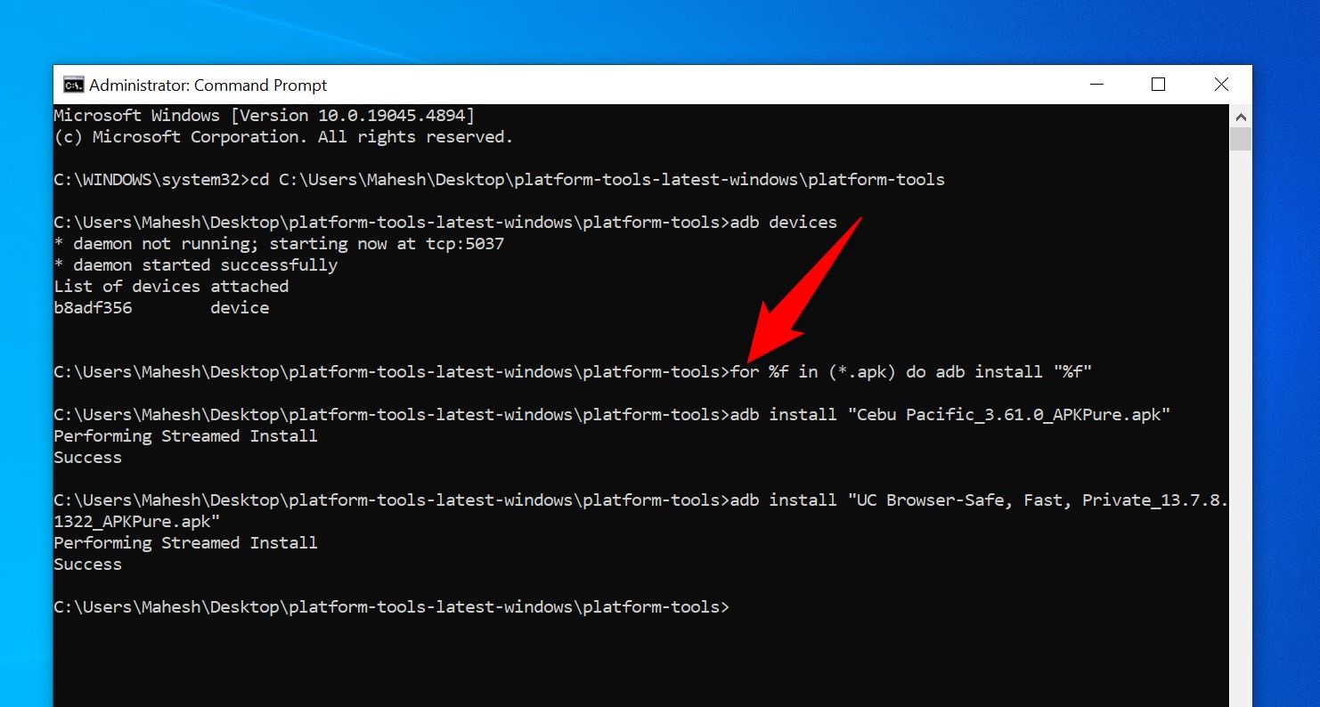 The 'adb install' command typed in Command Prompt.