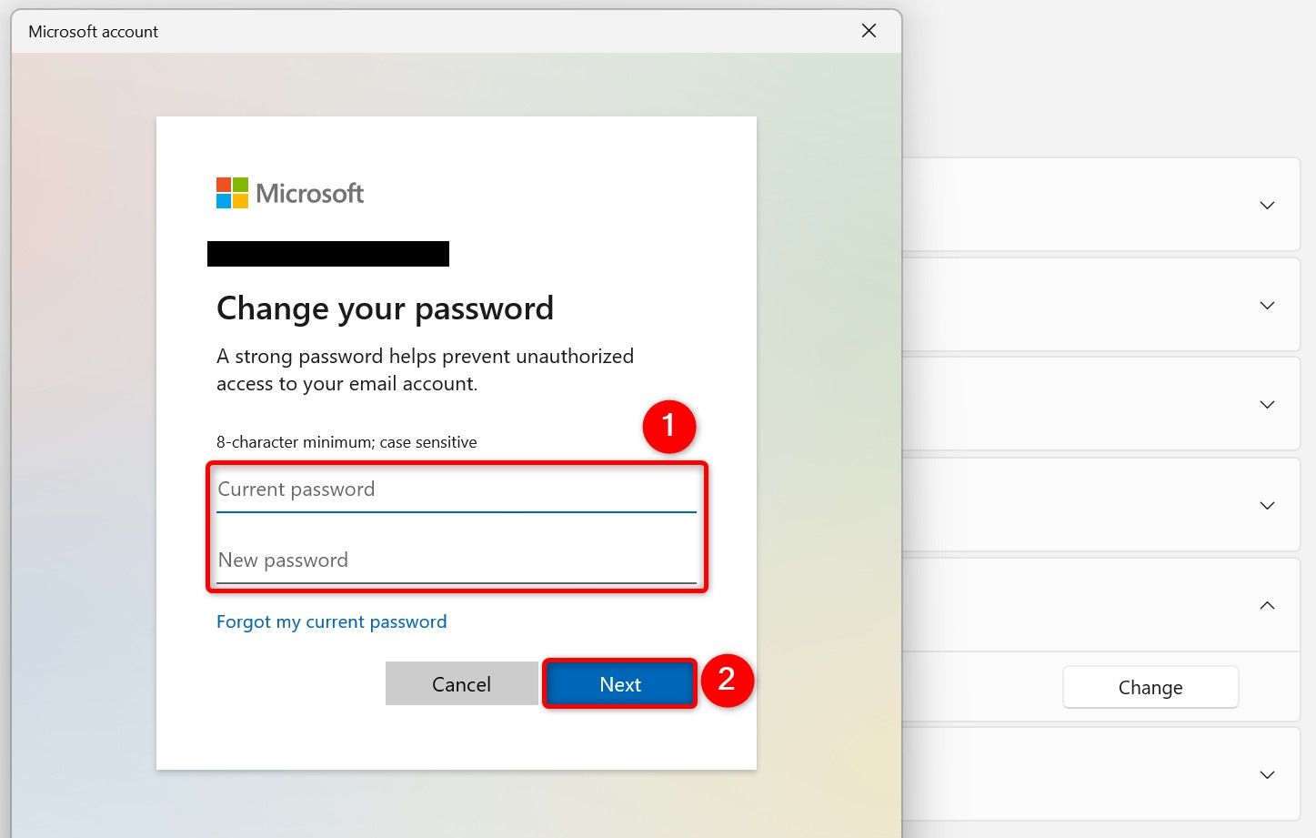 The 'Change Your Password' prompt in Windows 11 Settings.