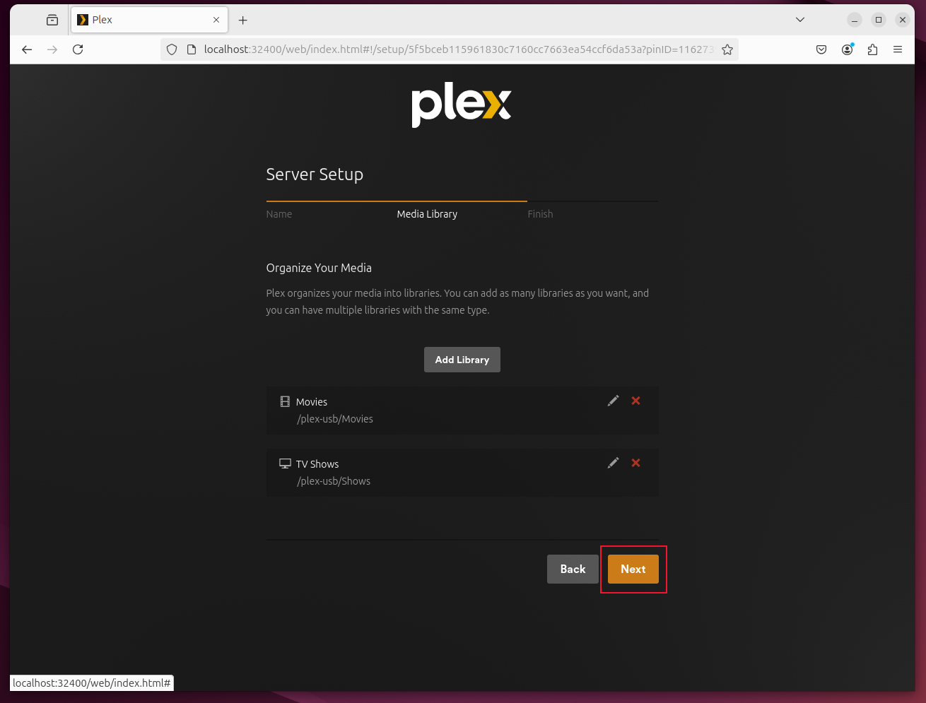 The Server Setup page with the Next button highlighted.