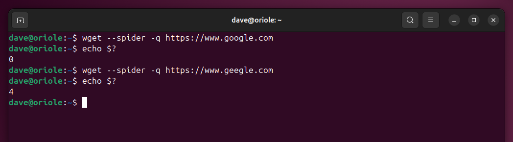 The response from wget when used against a valid and invalid URL with suppresed output.