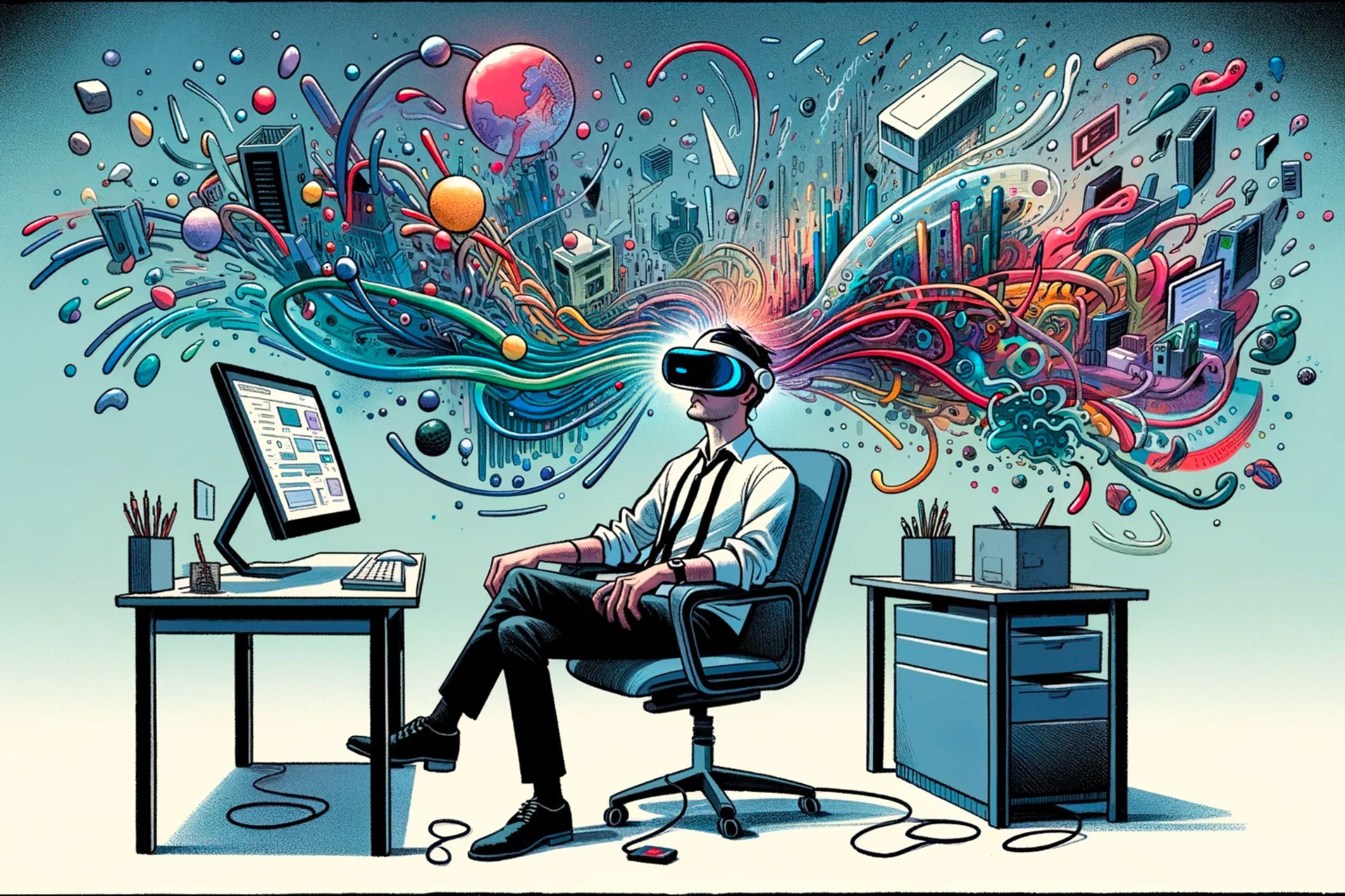 A cartoon of a man sitting in his office chair with VR headset on, seeing colorful and fantastical images.