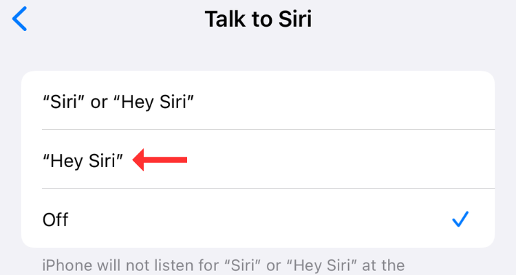 Screenshot of the Talk To Siri settings option with an arrow next to "Hey Siri