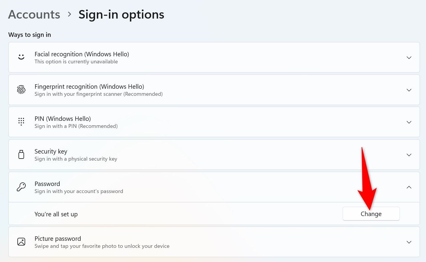 'Change' highlighted for the local user account password in Windows 11 Settings.