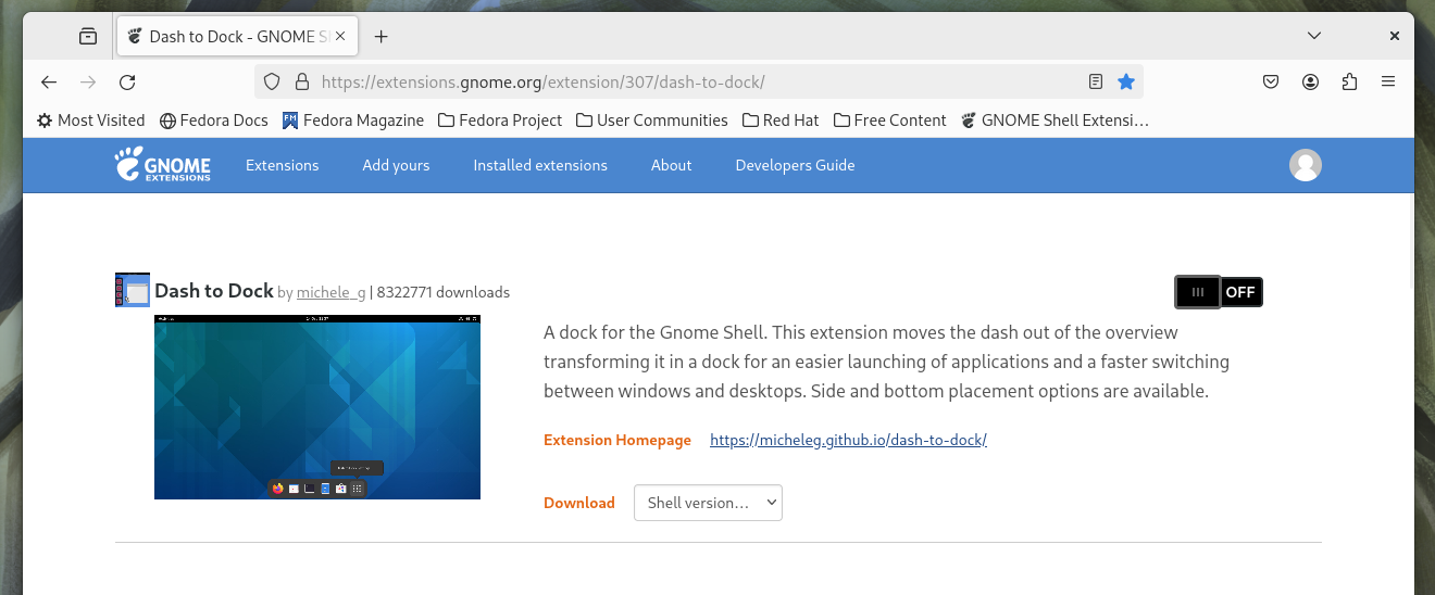 The Dash to Dock page on the GNOME extension website.