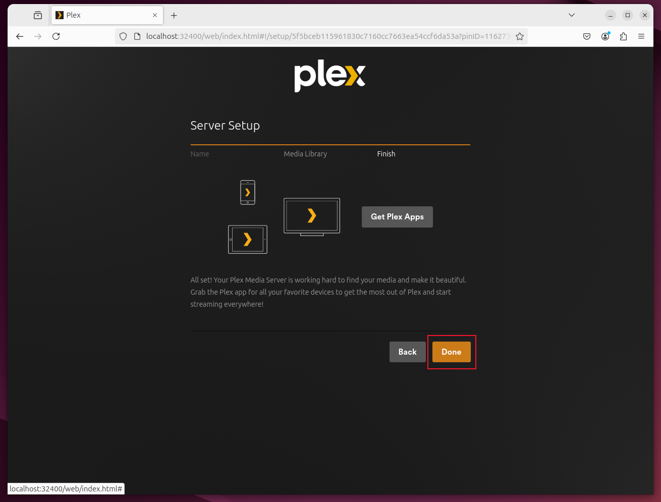 The Server Setup page with the Done button highlighted.