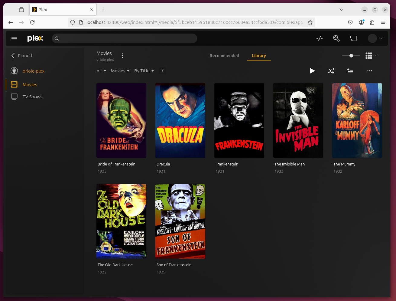 The contents of the Movies directory on the mounted USB drive displayed as playable media in Plex.