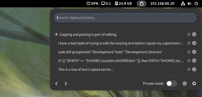 The Clipboard History extension clip menu.