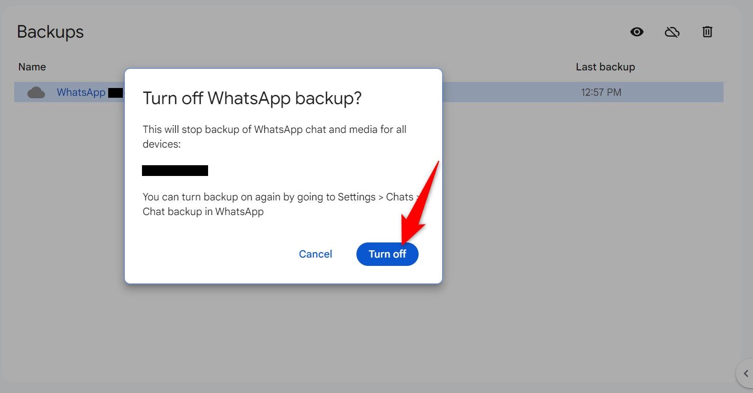 'Turn Off' highlighted in the WhatsApp backup removal prompt on the Google Drive site.