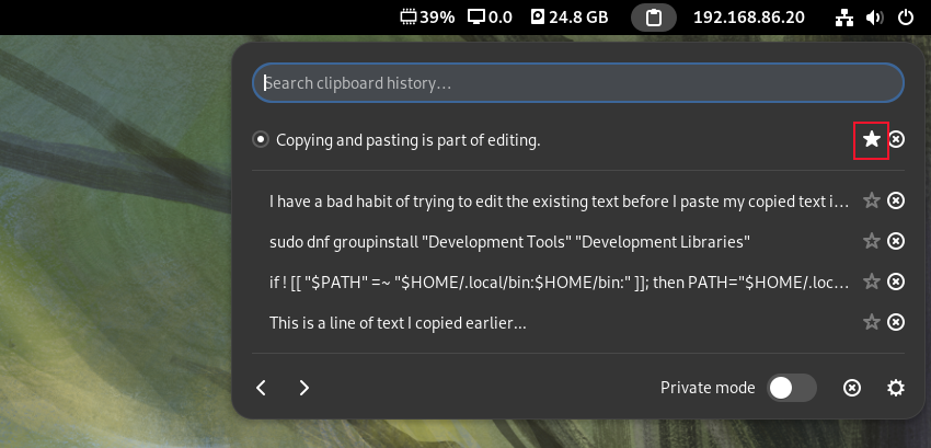 The Clipboard History clip menu with a clip pinned to the top of the list.