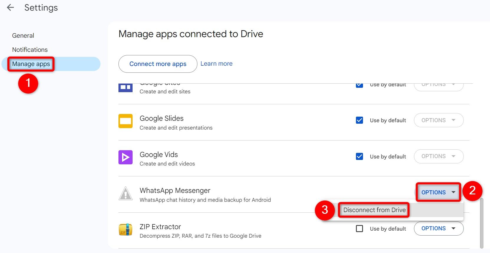 The options to disconnect WhatsApp from Google Drive highlighted on the Google Drive site.