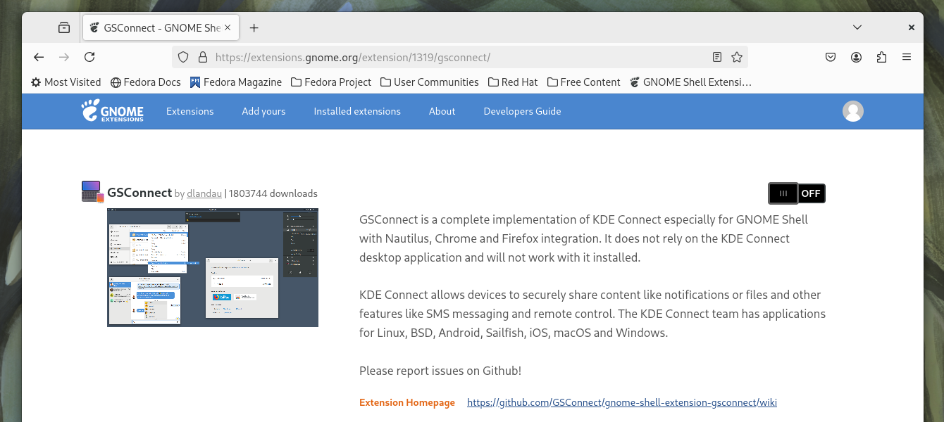 The GSConnect page on the GNOME extensions website.