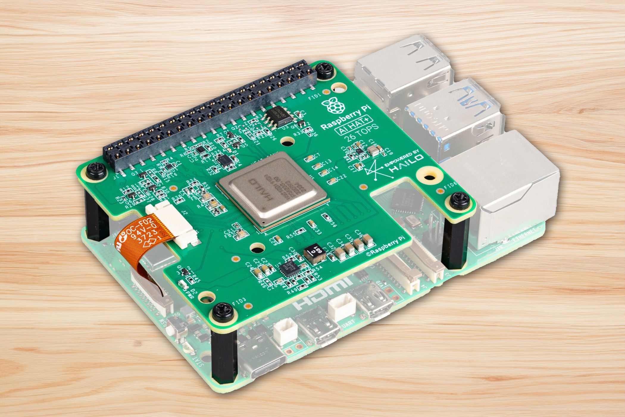 The Raspberry Pi AI HAT Plus on a Raspberry Pi 5 SBC.